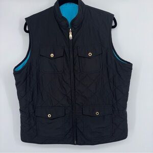 Lauren Ralph Lauren Teal Blue and Black Quilted Vest with Gold Details